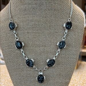 Gorgeous 925 Sterling Silver & Snowflake Obsidian Necklace w/ST Chain, 20”